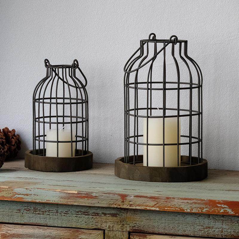 侘寂风铁艺烛台摆件家用创意镂空网格蜡烛台民宿玄关软装木质装饰