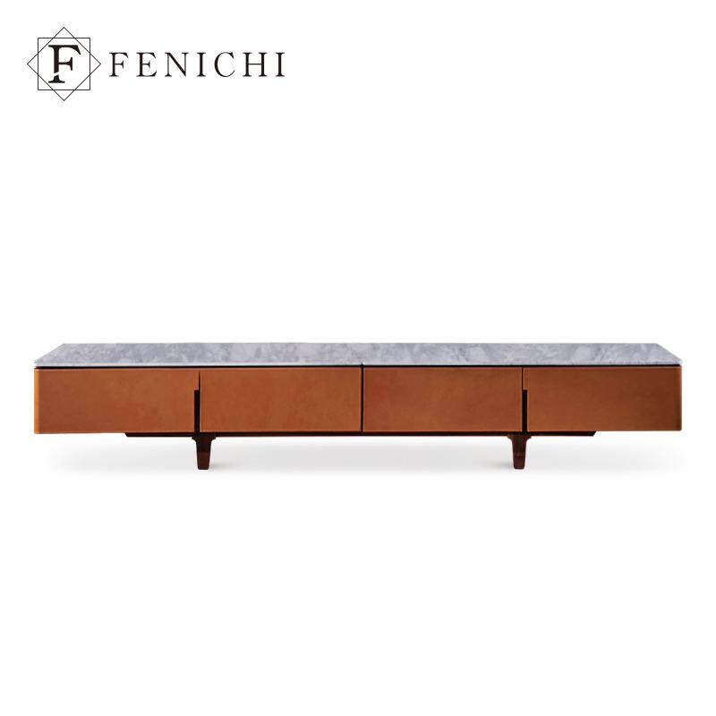 菲尼其意式极简橙色电视柜客厅轻奢现代马鞍皮大理石矮柜Fidelio