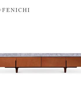 菲尼其意式极简橙色电视柜客厅轻奢现代马鞍皮大理石矮柜Fidelio