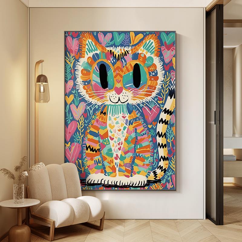 现代简约小众艺术彩色猫咪多巴胺手绘挂画可爱小猫玄关客厅装饰画图片