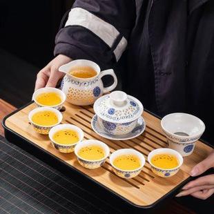 家客厅陶瓷盖碗茶壶泡茶用品功夫茶杯 景德镇玲珑镂空蜂窝茶具套装