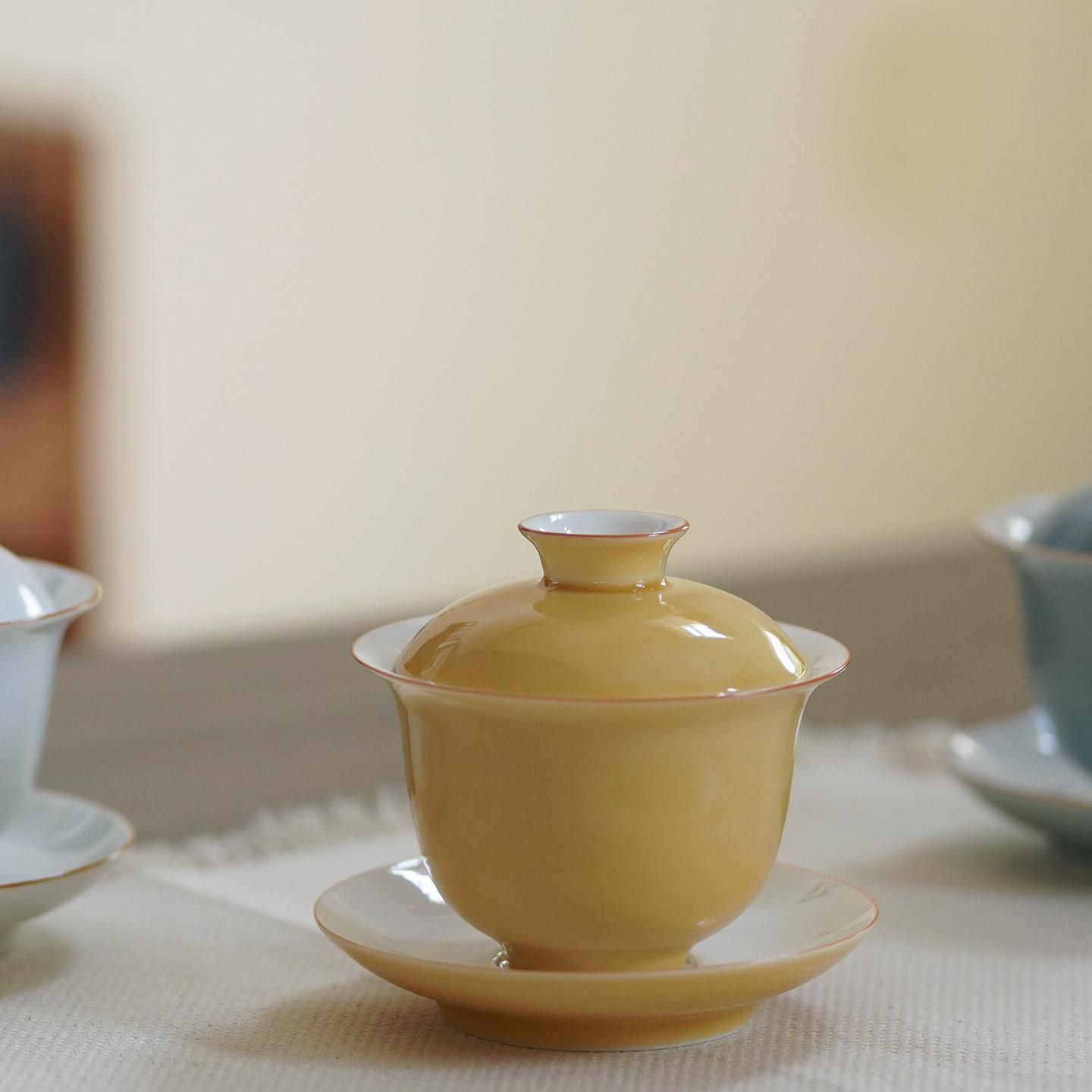 黄色白瓷三才盖碗茶杯不烫手大号茶碗功夫陶瓷茶具敬茶杯