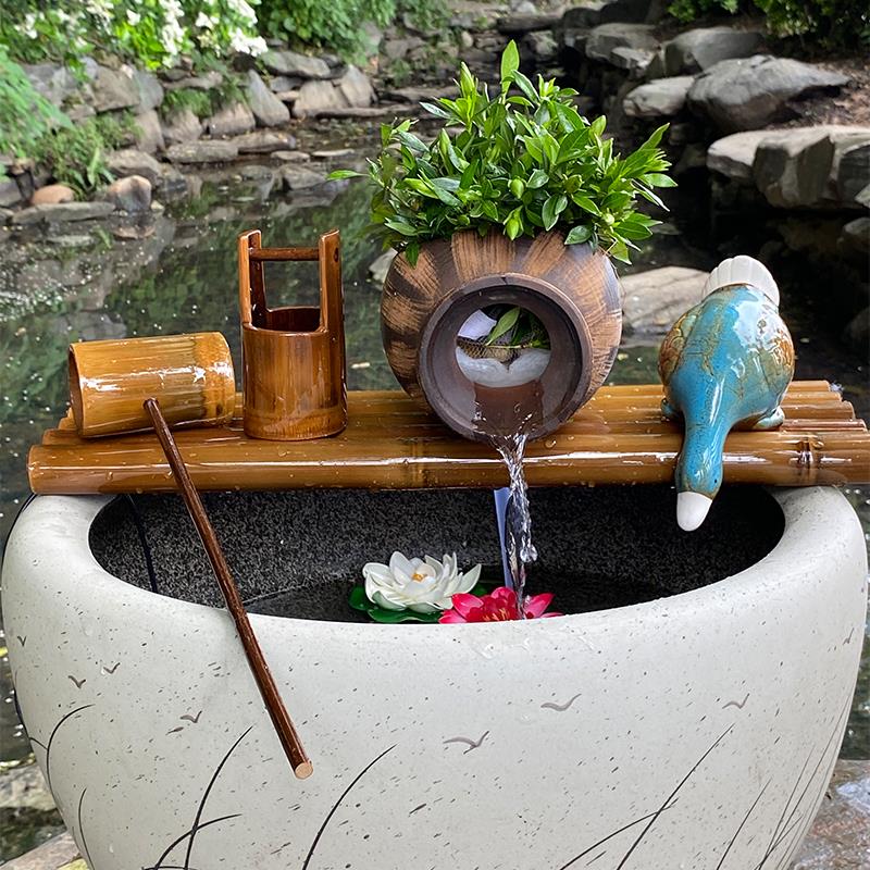 陶瓷鱼缸竹子陶罐流水过滤器圆缸专用增氧上置净水循环三合一系统