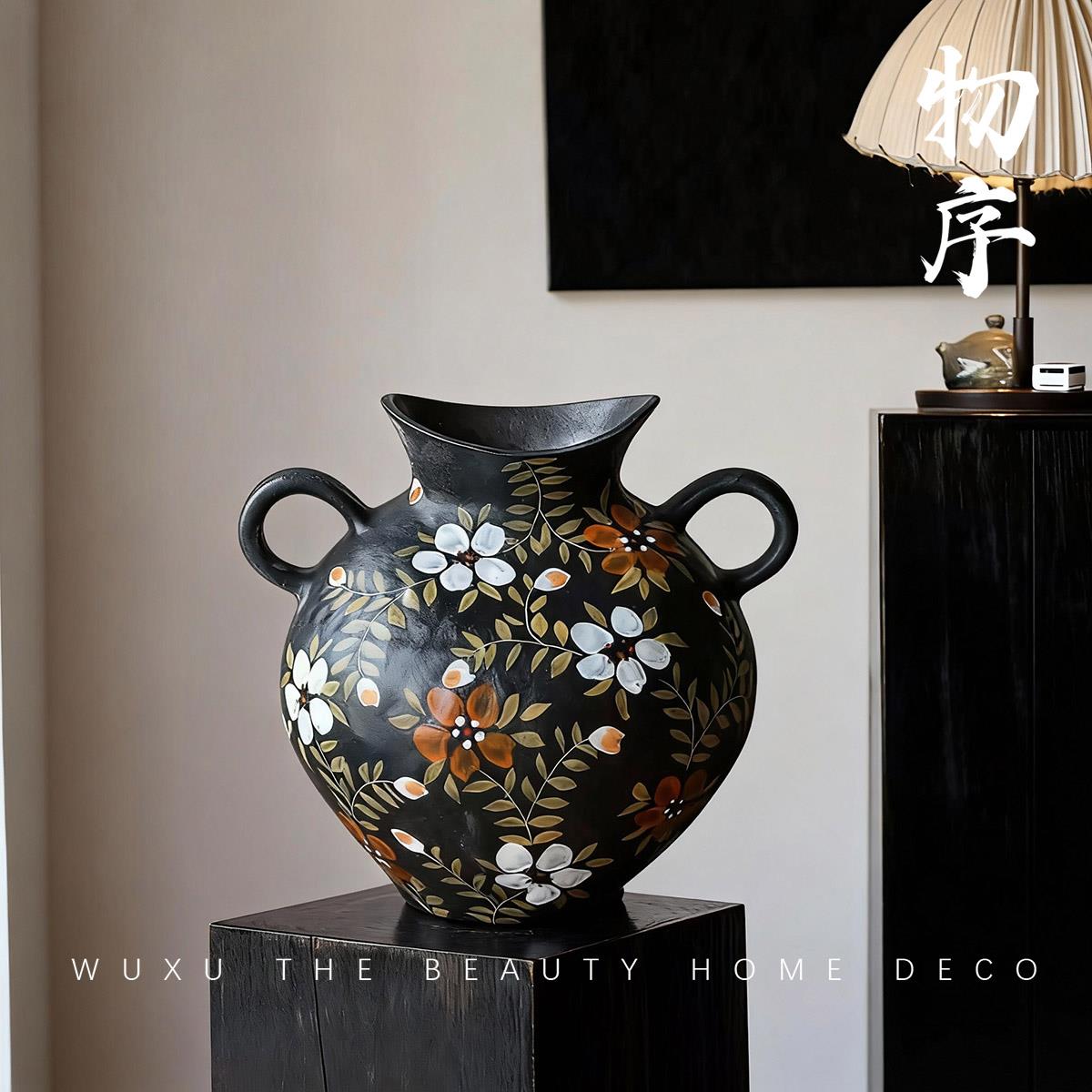 手绘陶瓷花瓶摆件新中式客厅插花装饰品家居软装复古双耳工艺花器