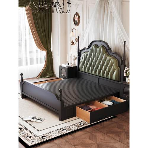 覆古实木1米8乘2米大床架主卧室抽屉储物空间收纳箱体真皮安娜床