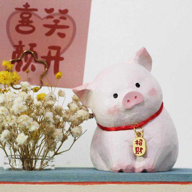 创意木雕桌面摆件招财小猪祝福家居饰品手工椴木送礼佳品