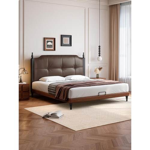 中古风白蜡木真皮床主卧1米8双人床小户型薄床头实木床轻奢软包床