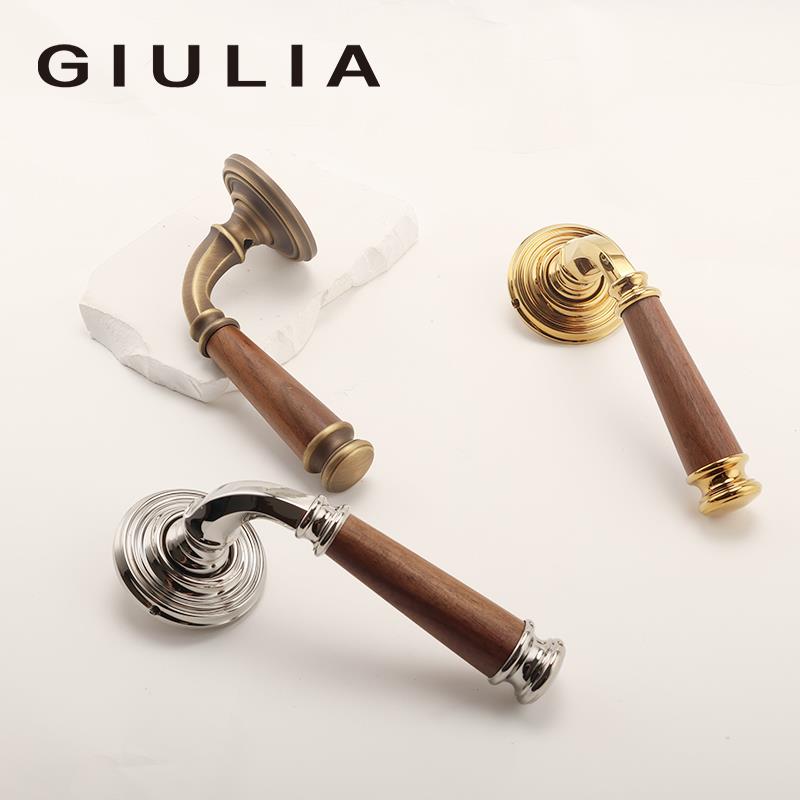 GIULIA木头法式黄铜卧室门锁胡桃木静音磁吸复古金银色双开门把手