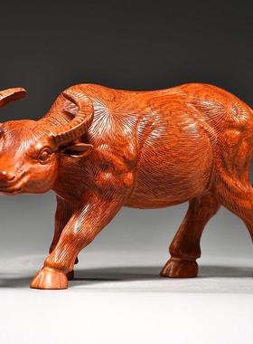 花梨木雕牛摆件牛气冲天木头水牛工艺品十二生肖牛动物家居