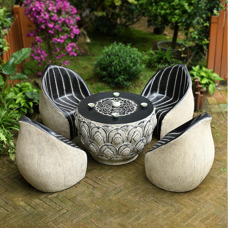 室外露天防水防晒彷石茶台户外庭院水泥荷花桌椅组合小院花园桌子