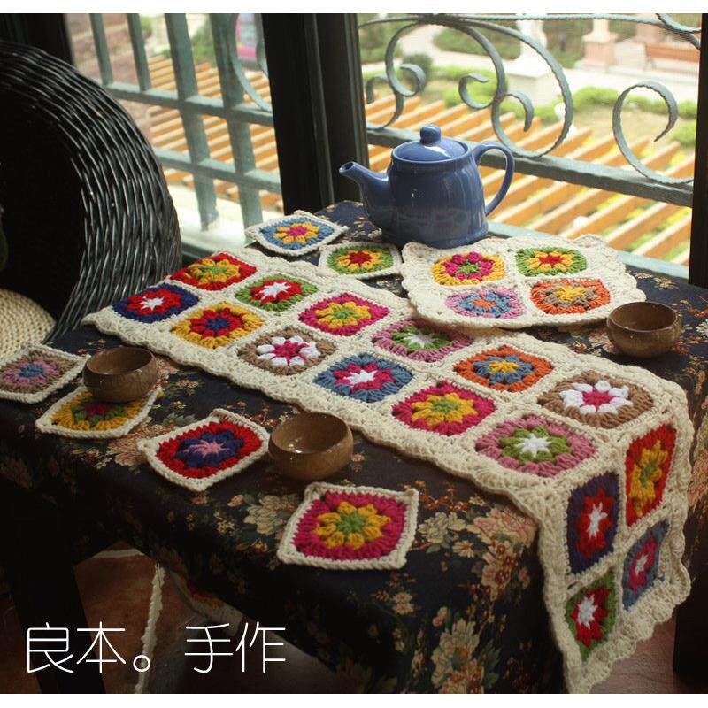 良本手作 手工手钩花桌旗森系田园毛线 线桌布桌旗杯垫茶壶垫八件