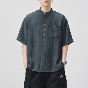 夏季 衬衫 2025新款 日系n复古立领棉麻短袖 衬衣宽 男美式 潮流麻中袖