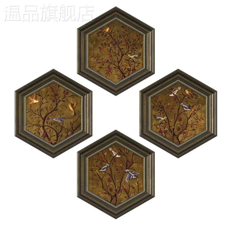 新款美式复古客i厅装饰画个性六边形玄关书房发财树花鸟壁画墙画图片