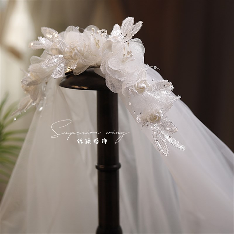新款超仙水晶蕾丝花苞发夹头纱新娘头饰婚纱礼服舞台走秀跟妆配饰