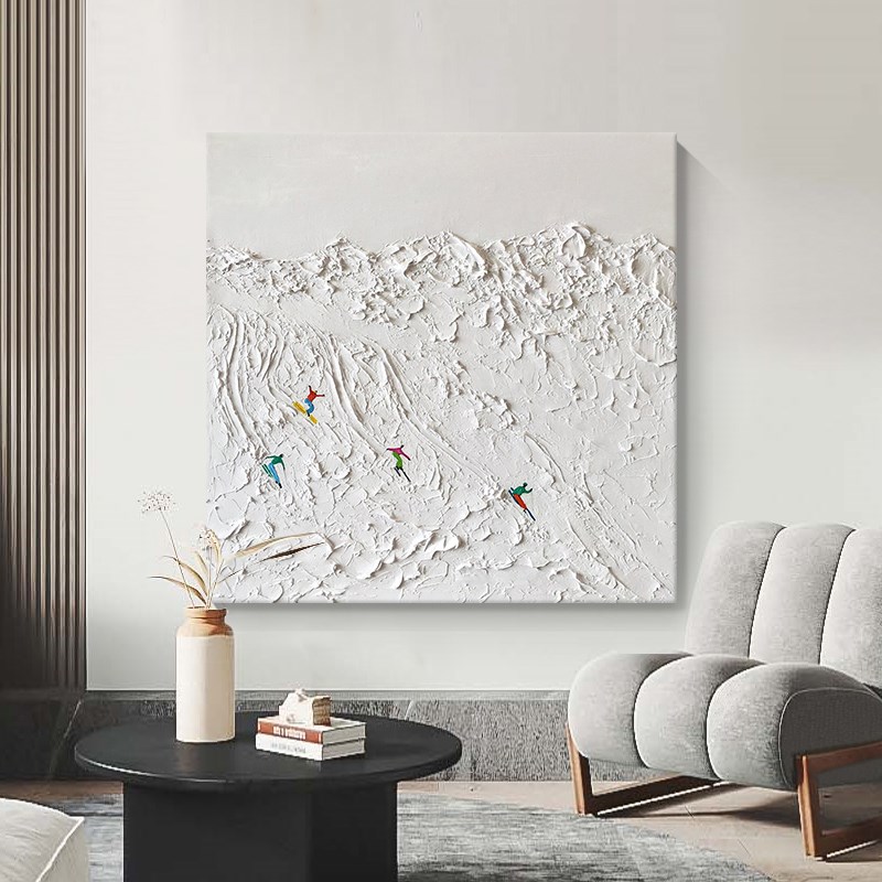 现代简约厚肌理滑雪客厅装饰画白色抽象J丙烯手绘油画极简玄关挂图片