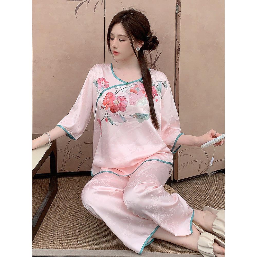 新中式睡衣缎面冰丝2025年新款高级感国风甜美女士丝绸套装家居服