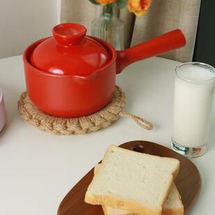 小奶锅红色陶瓷无涂层宝宝副食品锅家用单柄小锅迷你燃气侧把砂锅