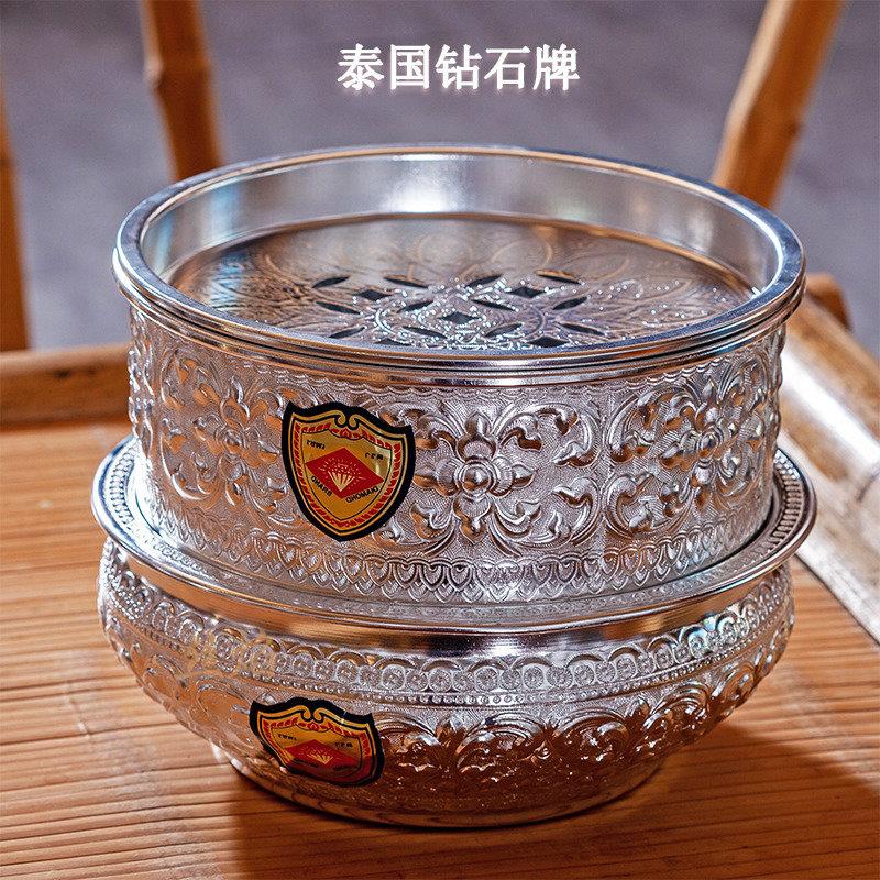 铝茶盘泰国纯手工镌刻茶盘中式复古潮汕功夫茶具圆型小巧家用茶盘