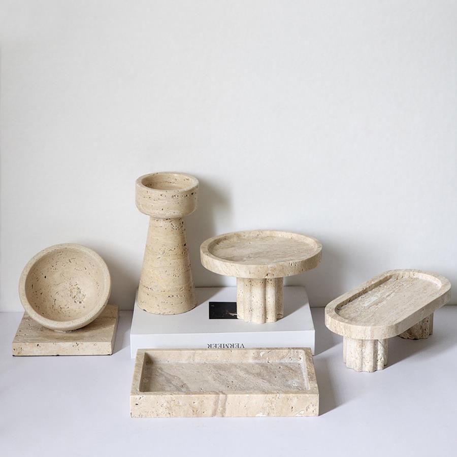 轻奢Wabi-Sabi大理石黄色石灰华托盘高水果盘餐桌甜品盘入口储物