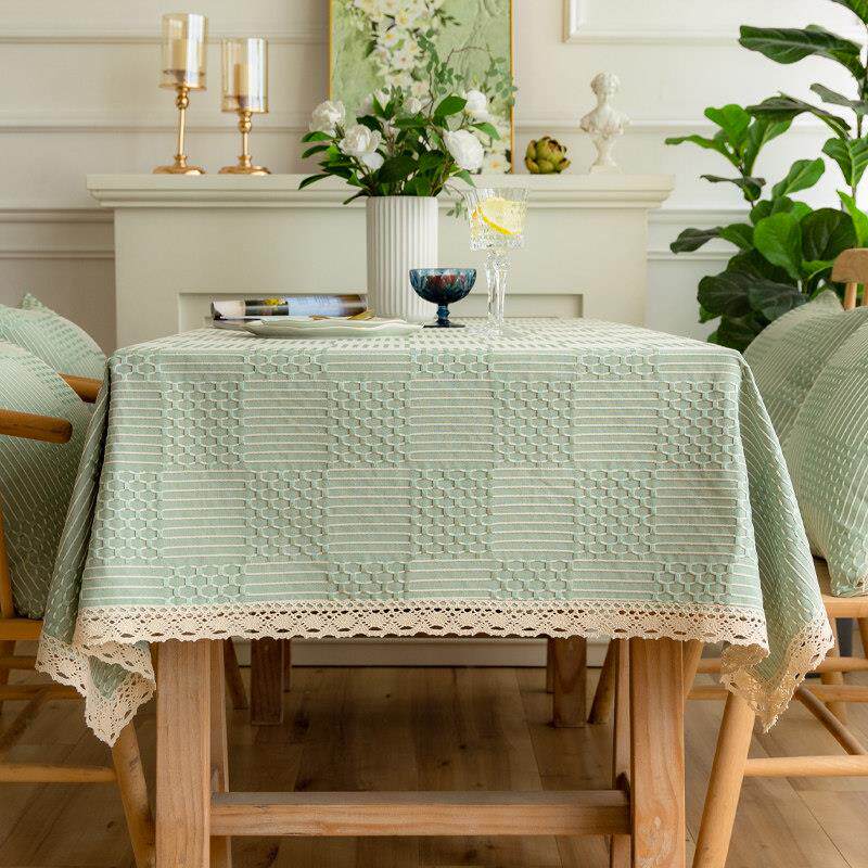 绿色桌布布艺棉麻北欧轻奢高级感长方形格子方桌网红餐桌布茶几布