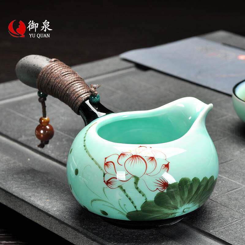 御泉 青瓷侧把公道杯手绘荷花陶瓷分茶器功夫茶茶具配件倒茶杯