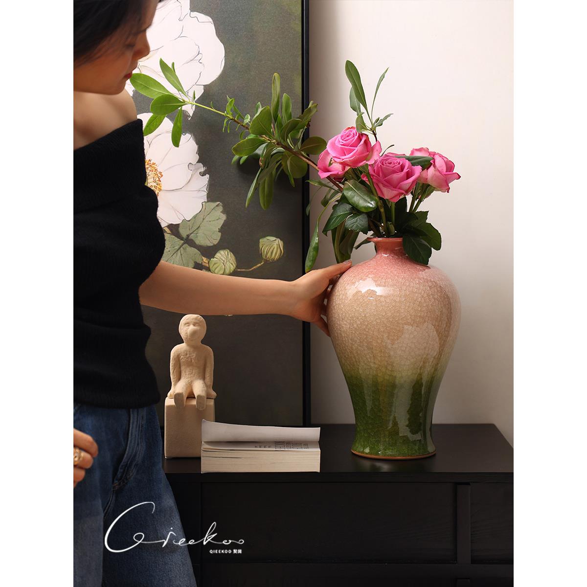 春光之家新中式插花客厅入口冰裂古风陶瓷花瓶插花装饰桌面摆件