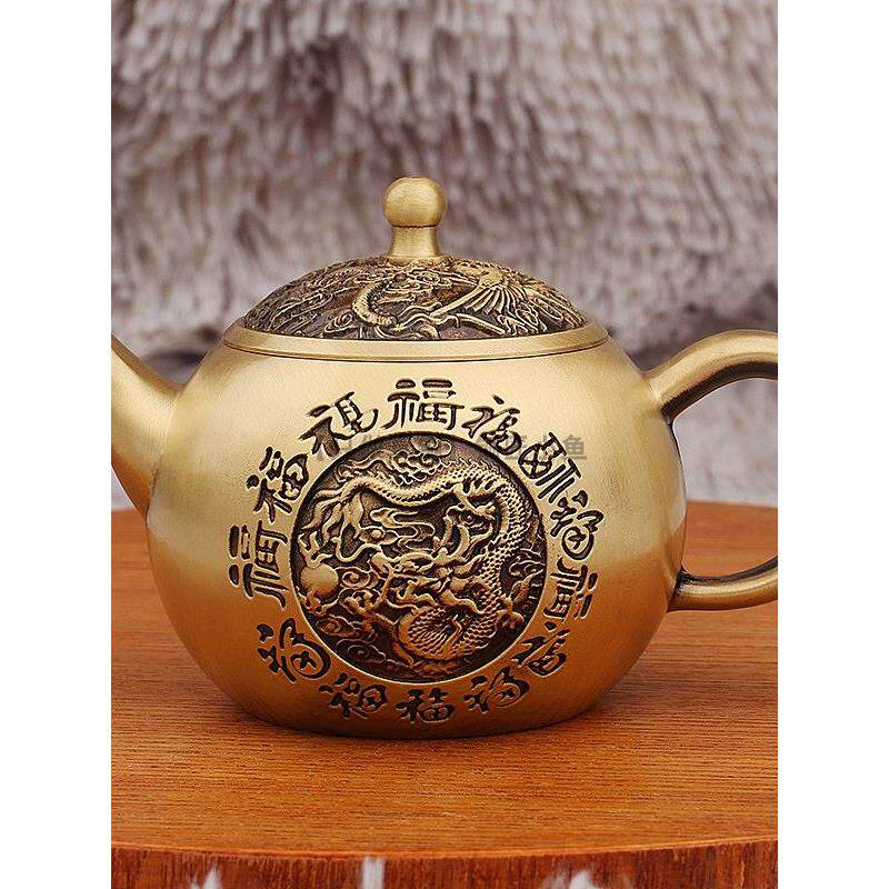 纯黄铜茶壶摆件百福龙凤一体壶工艺品装饰新中式家居茶具茶道用品