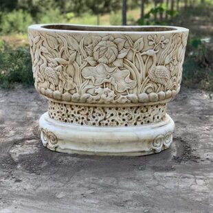 汉白玉仿古做旧椭圆形赏石盆石雕花盆庭院荷花鱼石头盆石槽盆景盆