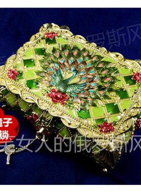 特价R2俄罗斯金属珠宝首饰盒长方形大号方格纹浅深绿色孔雀有镜锁