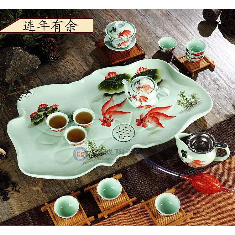 潮汕功夫茶茶具套装整套陶瓷荷花莲花排水式小型瓷茶盘 客厅家用