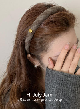 韩国富家千金咖格纹发箍女2025新款秋冬日常外戴头箍外出百搭发卡