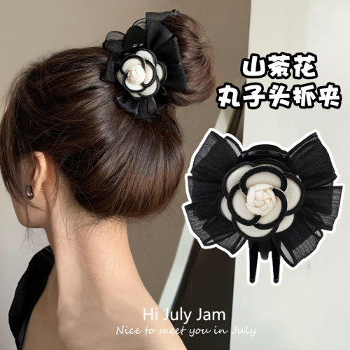 山茶花蝴蝶结发夹丸子头抓夹