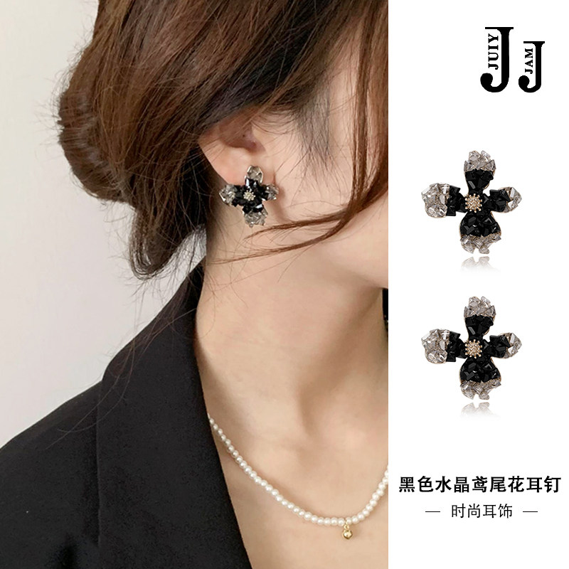 黑色水晶鸢尾花耳钉女纯银小众独特耳环2025年新款轻奢高级感耳饰,饰品/流行首饰/时尚饰品新,耳钉,淘宝优惠券,粉丝福利购,淘宝优惠卷