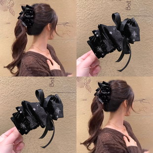 浪漫烟花 复古马尾夹发饰大号竖夹 韩国黑色丝绒蝴蝶结香蕉夹法式