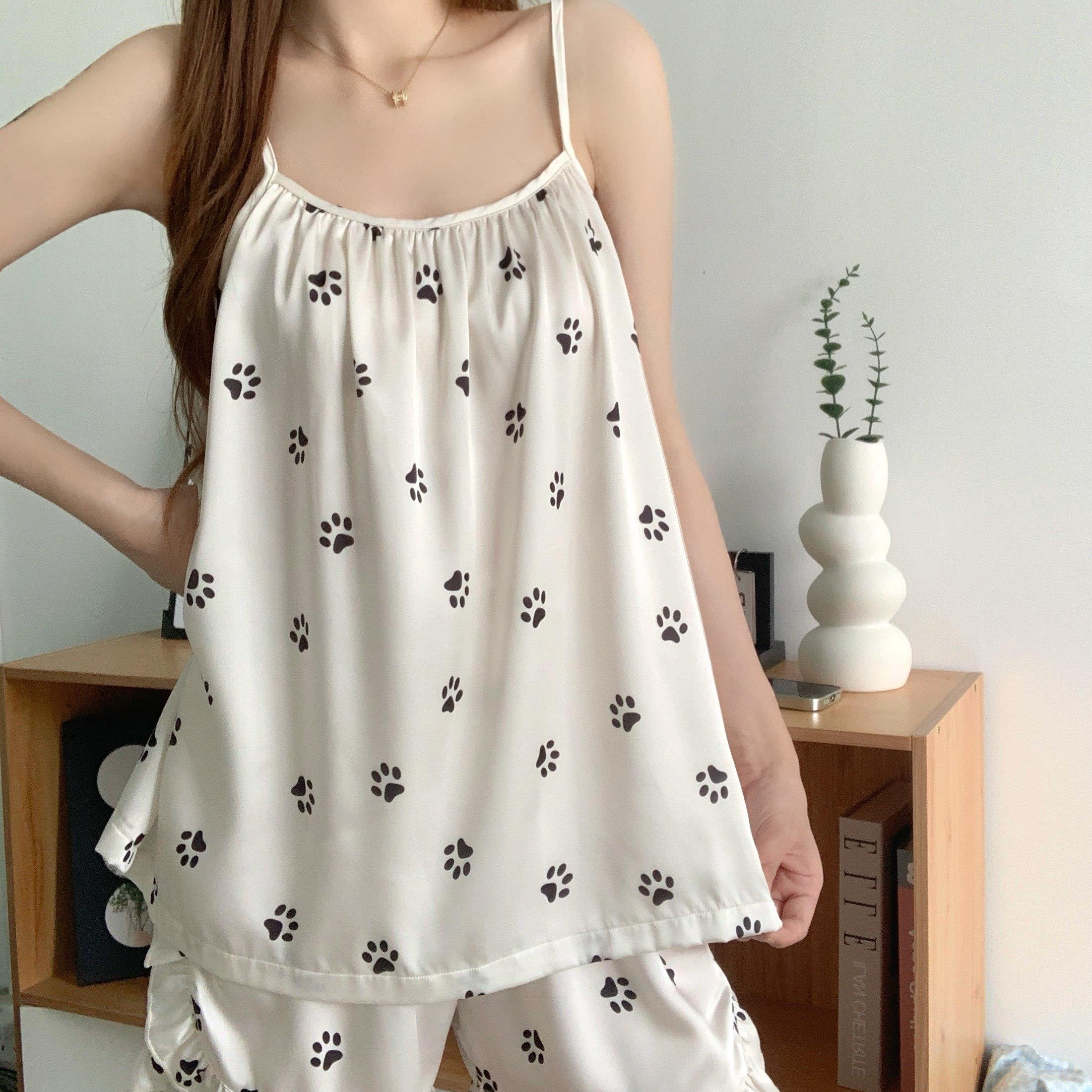 大码夏季缎面冰丝吊带短裤睡衣女2026新款可爱少女家居服套装外穿