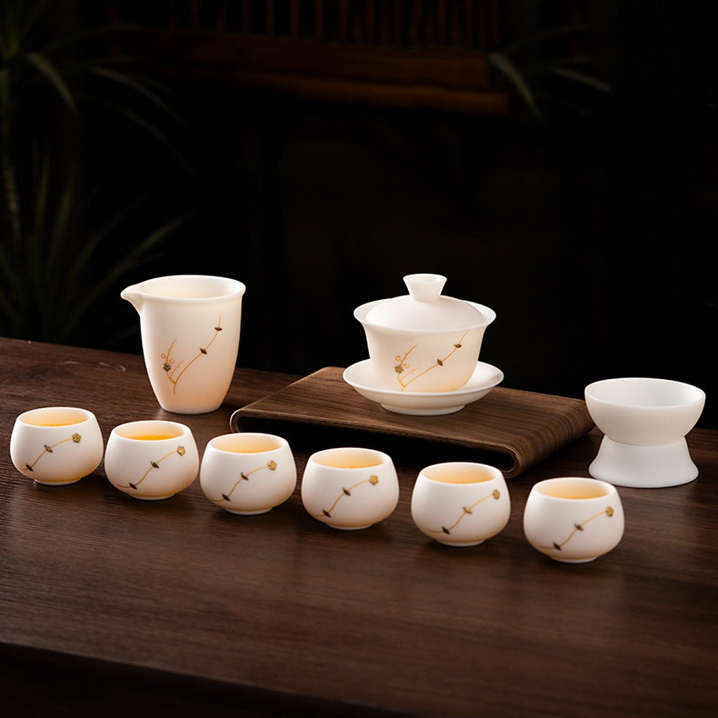 羊脂玉瓷锔钉功夫茶具套装家用2025新款盖碗茶壶茶具套装送礼礼盒