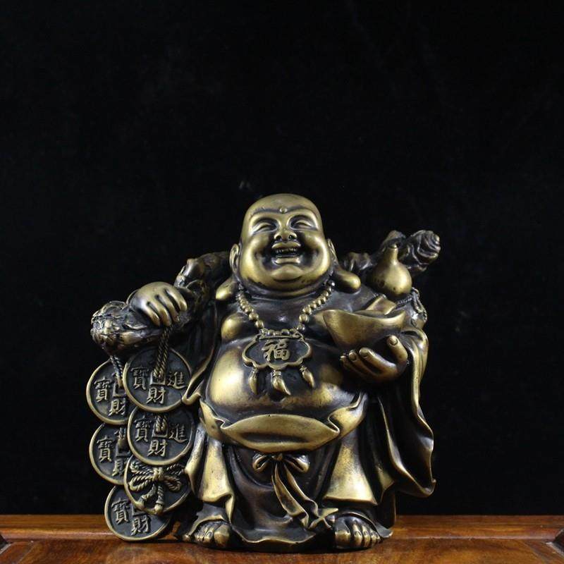 纯铜弥勒佛摆件挑袋佛像大肚笑佛神像招财客厅店铺供奉办公室