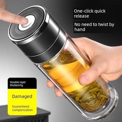 摔不烂钢化玻璃杯水杯一键开盖车载防爆双层高档隔热耐高温茶杯