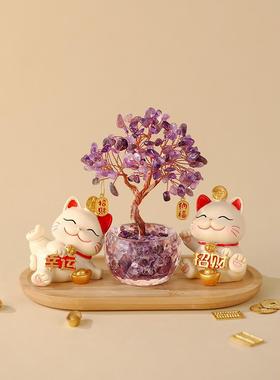 聚宝盆天然黄水晶发财树招财猫桌面小摆件办公室工位玄学装饰好物