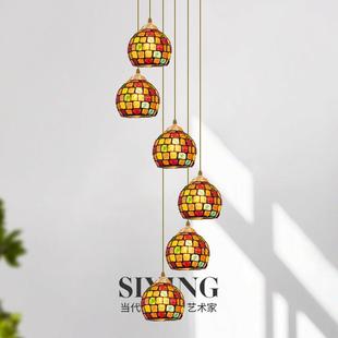 法式覆古蒂梵尼楼梯长吊灯多巴胺彩色玻璃全铜别墅灯覆式挑空灯具