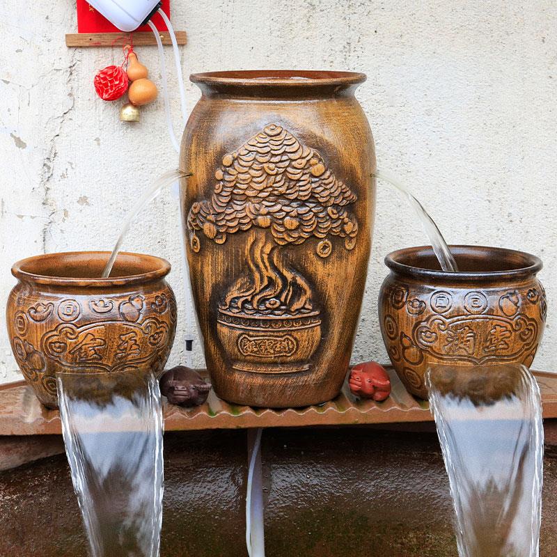 流水陶罐摆件循环水古法鱼缸鱼池造景全套生态瀑布过滤器养鱼复古