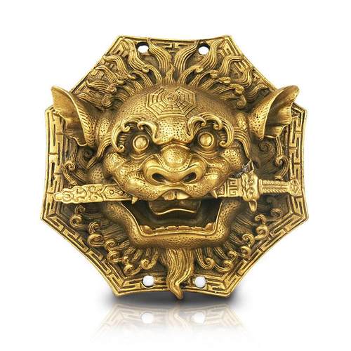 纯黄铜狮咬剑牌铜狮子头挂件八卦镜虎头牌兽头睚眦吞口海神摆件