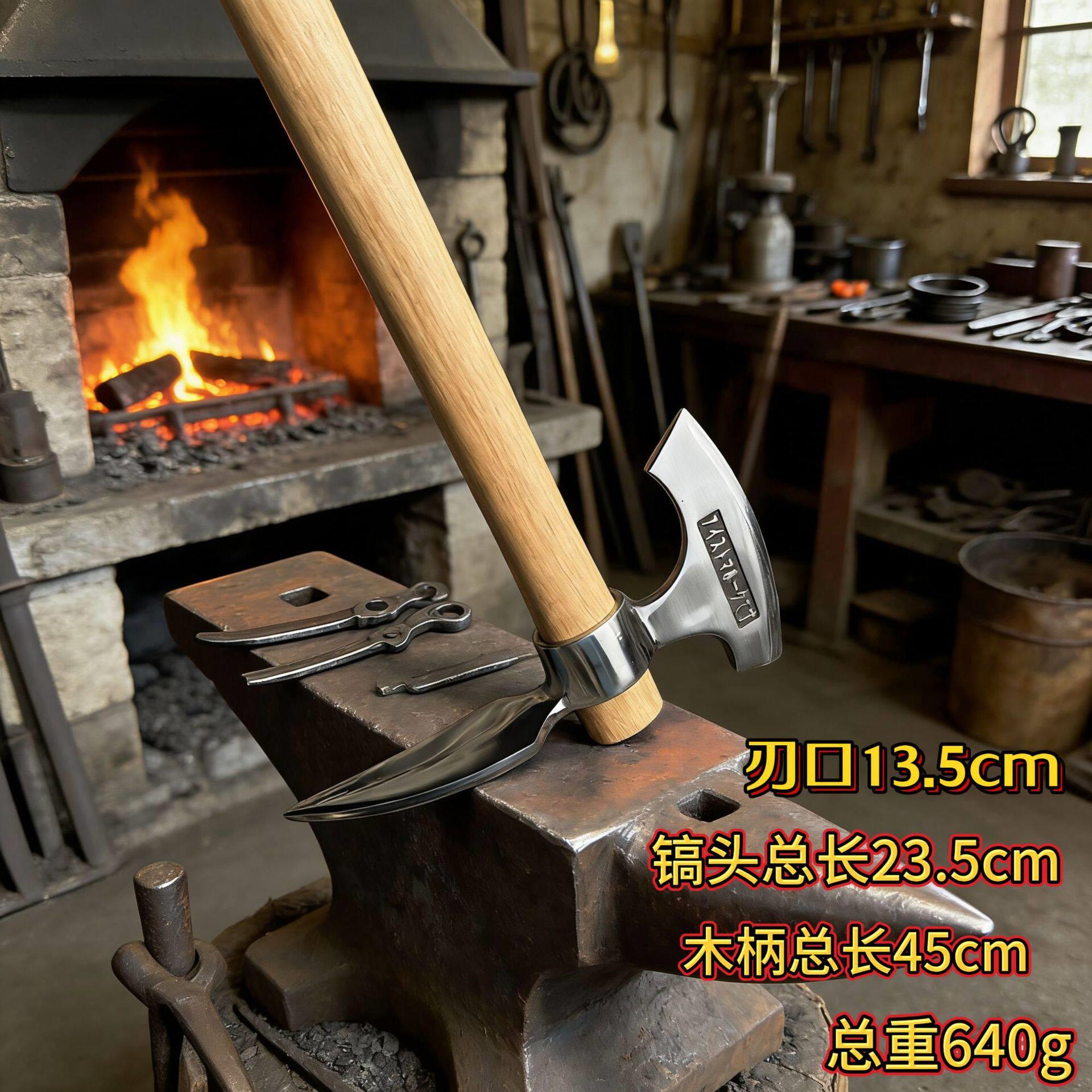 高碳钢锄头斧头户外长柄露营斧文工手斧劈柴锻打斧子锻造木工开山