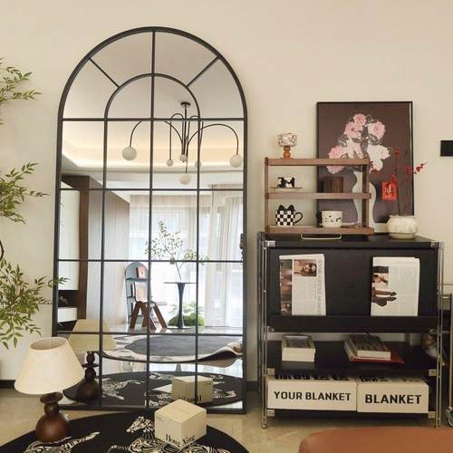 法式复古铁艺壁挂装饰镜玄关挂墙客餐厅镜假窗户落地全身镜穿衣镜