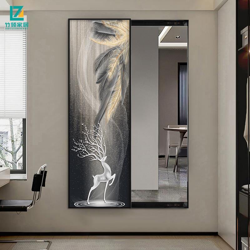 入户玄关装饰画隐藏式推拉全身镜子卧室隐形试衣镜可关闭穿衣镜