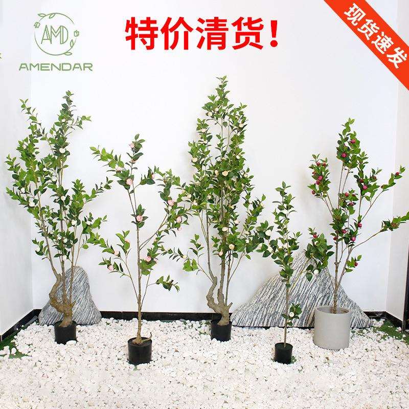 现货山茶花树仿真落地绿植假盆栽商场服装店橱窗造景仿真茶树厂家