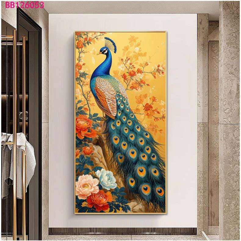 孔雀玄关装饰画牡丹富贵花开新中式挂画酒店走廊过道壁画客厅墙画
