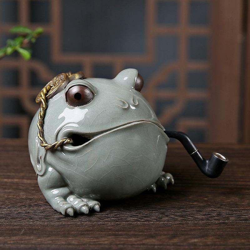 陶瓷三足哥窑金蟾可养茶宠茶盘配件蟾蜍家居招财摆件茶室茶桌摆设
