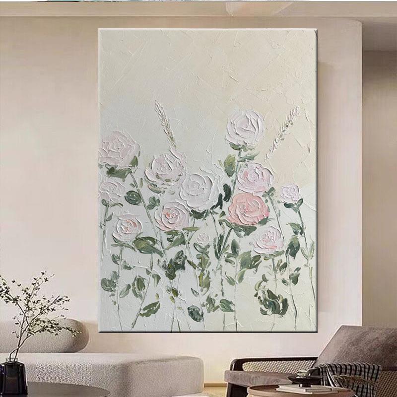 手绘油画粉色玫瑰花客厅玄关装饰画奶油风轻奢立体肌理画卧室餐厅