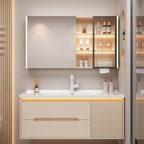 奶油风浴室柜陶瓷一体盆组合智能现代岩板卫生间洗手洗脸盆洗漱台